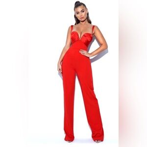 Onika Red Satin And Crepe Jumpsuit